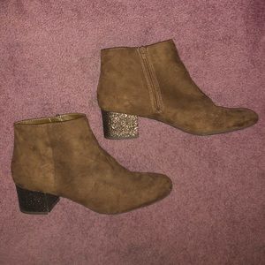 Brown booties with sparkling heel! Worn once!